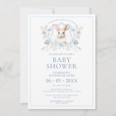 Blue Oaster Bunny Wappen Floral Baby Boy Dusche Einladung (Vorderseite)
