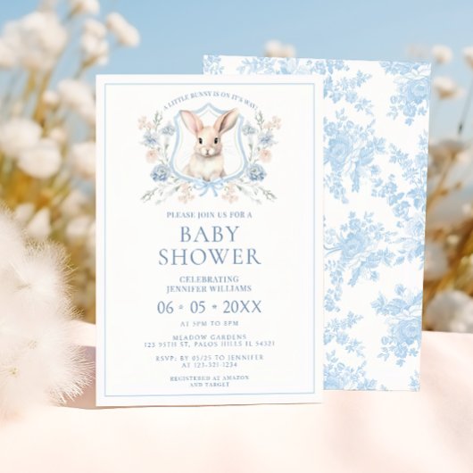 Blue Oaster Bunny Wappen Floral Baby Boy Dusche Einladung