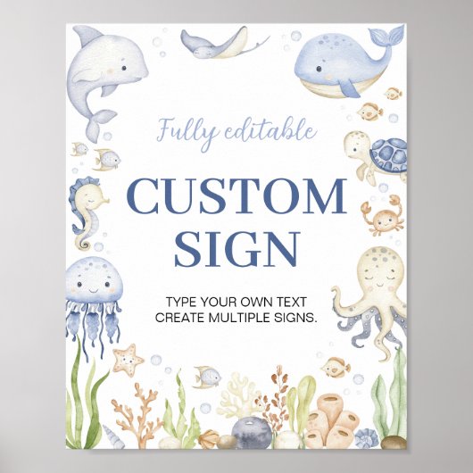 Blue Ocean Animals Boy Party Custom Table Sign Poster (Vorne)