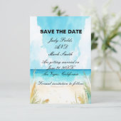 Blue Ocean Beach Save the Date Card (Stehend Vorderseite)