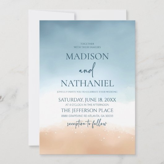 Blue Ocean Beach Shore Sand Wedding Einladung (Vorderseite)