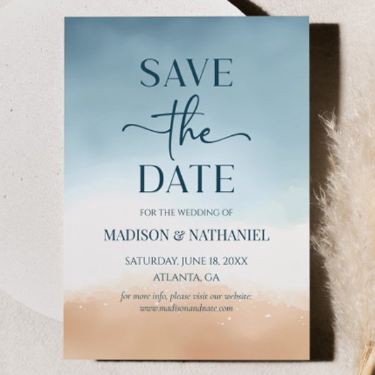 Blue Ocean Beach Shore Sand Wedding Save The Date