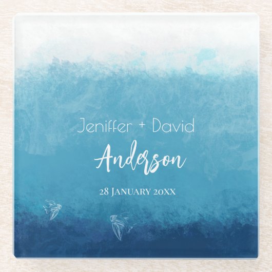 Blue Ocean Beach Wedding Custom Names Wedding Glasuntersetzer (Vorderseite)