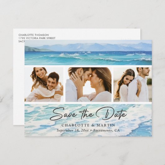 Blue Ocean Beach Wedding Foto Save the Date Ankündigungspostkarte (Vorne/Hinten)
