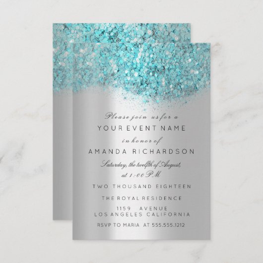 Blue Ocean Confetti Silver Gray Bridal Sweet 16. Einladung (Vorne/Hinten)