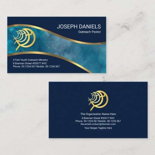 Blue Ocean Gold Ichthus Fish Wave Church Minister Visitenkarte (Vorne/Hinten)