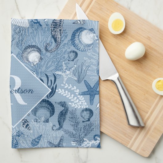 Blue Ocean Life Beach Monogram Geschirrtuch (Viertel Falte)