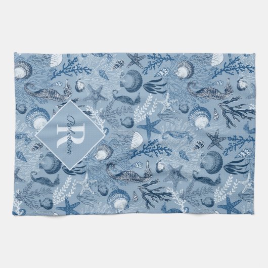 Blue Ocean Life Beach Monogram Geschirrtuch (Horizontal)