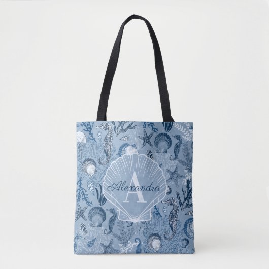 Blue Ocean Life Coastal Beach Monogram Tasche (Vorderseite)
