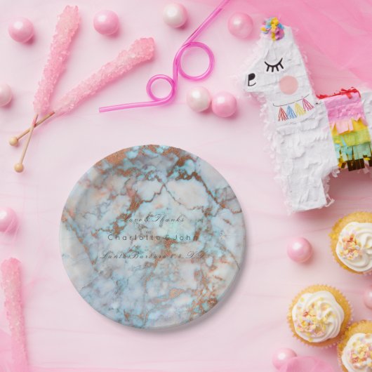 Blue Ocean Pink Brush Rose Gold Marmor Wedding Vip Pappteller (Party)