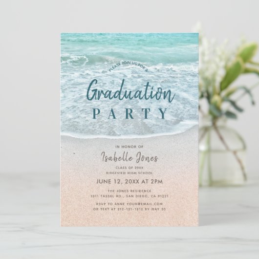 Blue Ocean & Sandy Beach Abschluss Einladung (Stehend Vorderseite)