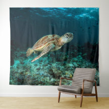 Blue ocean sea turtle tapestry