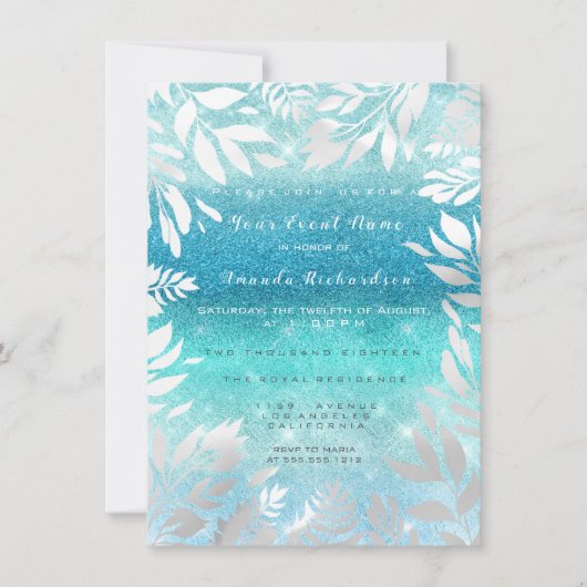 Blue Ocean Sky Glitzer Ombre Floral Foil Navy Einladung (Vorderseite)