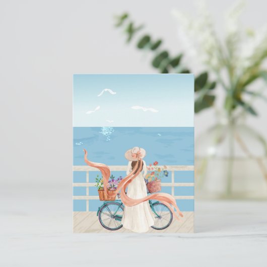 Blue Ocean Sommer Mädchen mit Fahrrad Postkarte (Stehend Vorderseite)