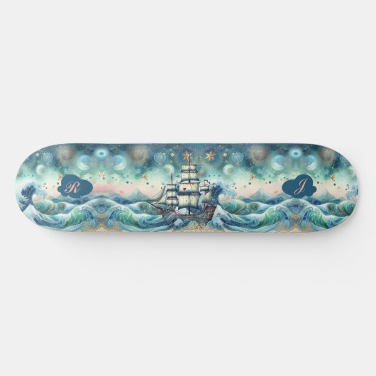 Blue Ocean Storm Ship Initials Monogram Whimsical Skateboard (Horizontal)