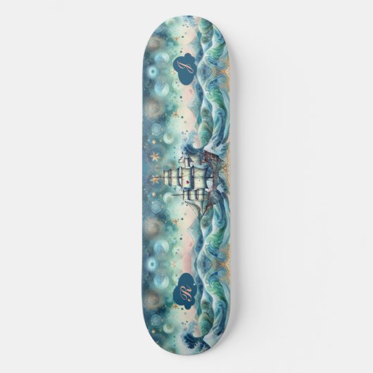 Blue Ocean Storm Ship Initials Monogram Whimsical Skateboard (Vorderseite)