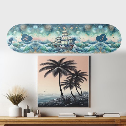 Blue Ocean Storm Ship Initials Monogram Whimsical Skateboard