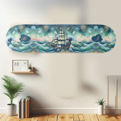 Blue Ocean Storm Ship Initials Monogram Whimsical Skateboard