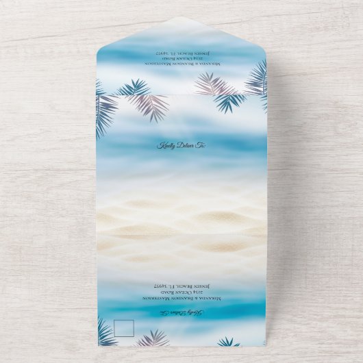 Blue Ocean Tropical Summer Palm Beach Hochzeit All In One Einladung (Außenbereich)