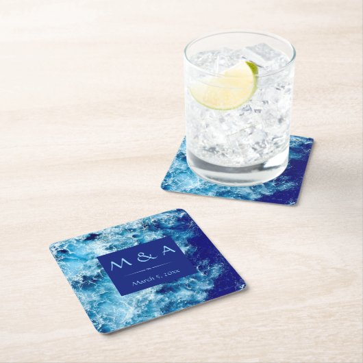 Blue Ocean Water Wedding Square Paper Untersetzer (Vor Ort)
