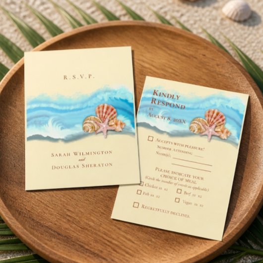 Blue Ocean Wave Flat Wedding RSVP Card Karte