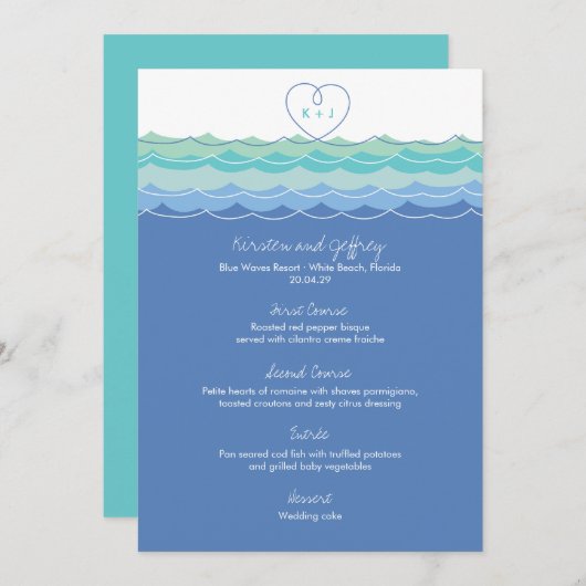 Blue Ocean Wave Loopy Heart Monogram Beach Hochzei Menükarte (Vorne/Hinten)