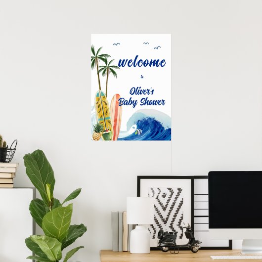 Blue Ocean Wave Surfboard Baby Dusche Willkommen Poster (Heimbüro)