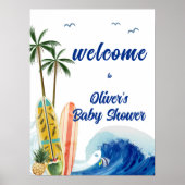 Blue Ocean Wave Surfboard Baby Dusche Willkommen Poster (Vorne)