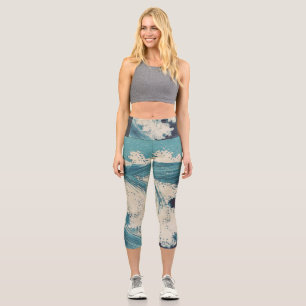 Blue Ocean Waves Japanisches Holzschnitt Capri Leggings