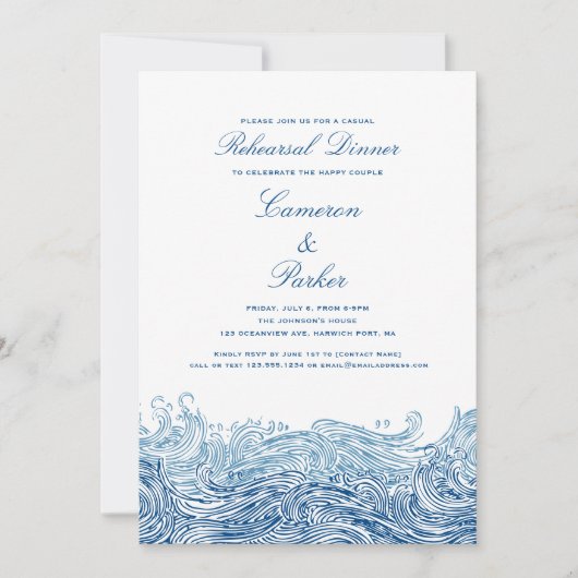 Blue Ocean Waves Lässige Hochzeit Probe Dinner Einladung (Vorderseite)