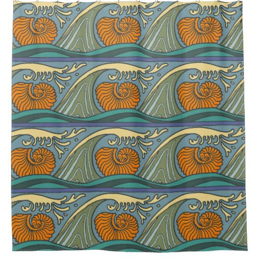 Blue Ocean Waves Nautilus Seashell Muster Nouveau Duschvorhang (Vorderseite)