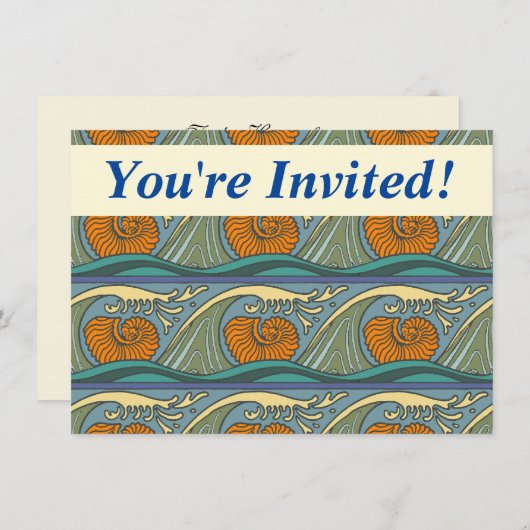 Blue Ocean Waves Nautilus Seashell Muster Nouveau Einladung (Vorne/Hinten)