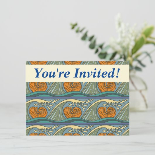 Blue Ocean Waves Nautilus Seashell Muster Nouveau Einladung (Stehend Vorderseite)