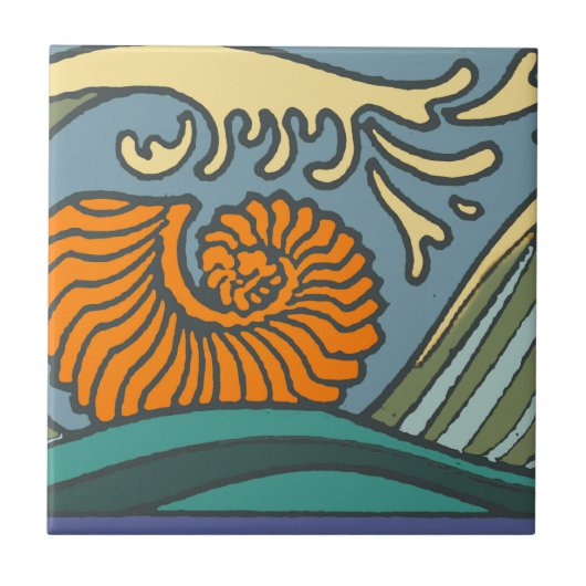 Blue Ocean Waves Nautilus Seashell Muster Nouveau Fliese (Vorderseite)