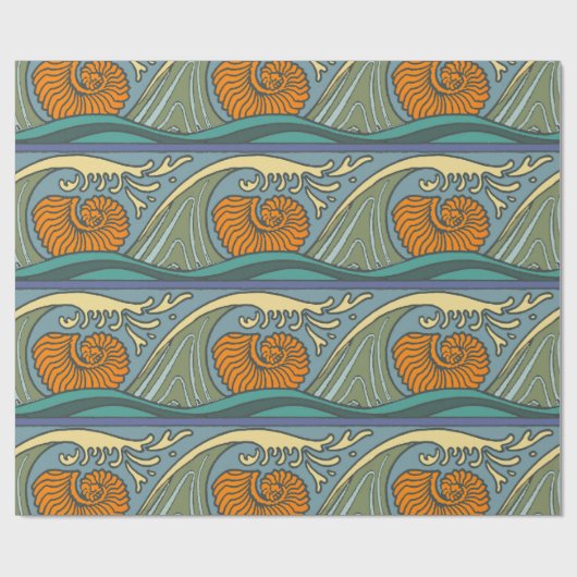 Blue Ocean Waves Nautilus Seashell Muster Nouveau Geschenkpapier (Flach)