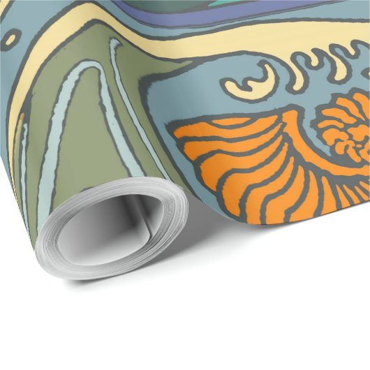 Blue Ocean Waves Nautilus Seashell Muster Nouveau Geschenkpapier (Rolleneckpunkt)