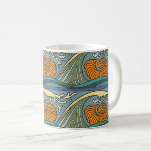 Blue Ocean Waves Nautilus Seashell Muster Nouveau Kaffeetasse (VorderseiteRechts)