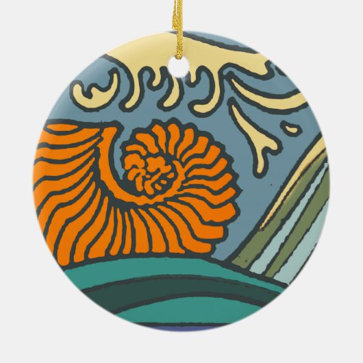 Blue Ocean Waves Nautilus Seashell Muster Nouveau Keramikornament (Hinten)