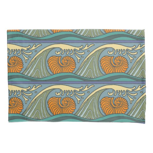 Blue Ocean Waves Nautilus Seashell Muster Nouveau Kissenbezug (Vorderseite)
