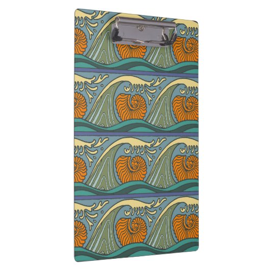 Blue Ocean Waves Nautilus Seashell Muster Nouveau Klemmbrett (Rechts)