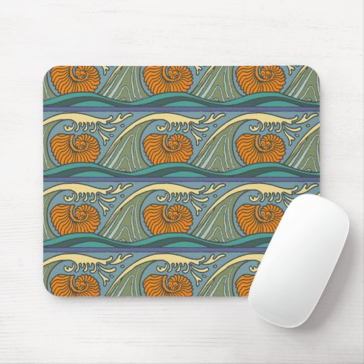 Blue Ocean Waves Nautilus Seashell Muster Nouveau Mousepad (Mit Mouse)