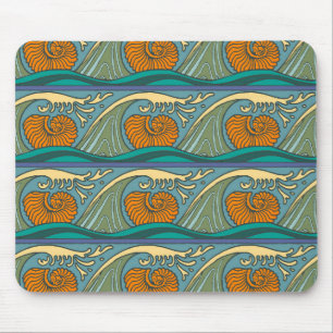 Blue Ocean Waves Nautilus Seashell Muster Nouveau Mousepad