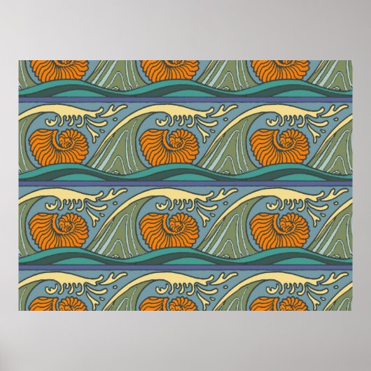Blue Ocean Waves Nautilus Seashell Muster Nouveau Poster (Vorne)