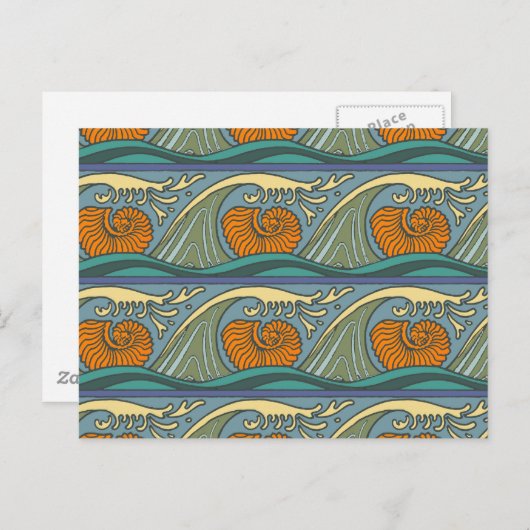 Blue Ocean Waves Nautilus Seashell Muster Nouveau Postkarte (Vorne/Hinten)