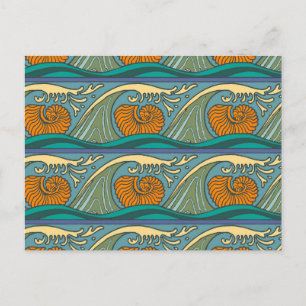 Blue Ocean Waves Nautilus Seashell Muster Nouveau Postkarte