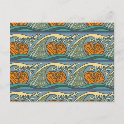 Blue Ocean Waves Nautilus Seashell Muster Nouveau Postkarte (Vorderseite)