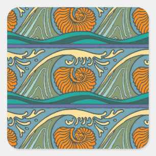 Blue Ocean Waves Nautilus Seashell Muster Nouveau Quadratischer Aufkleber