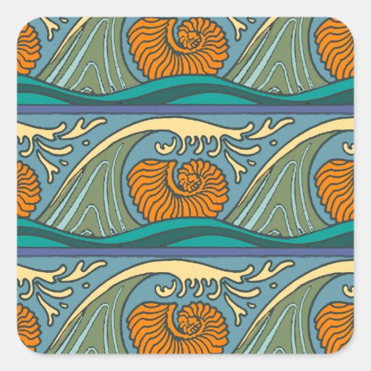 Blue Ocean Waves Nautilus Seashell Muster Nouveau Quadratischer Aufkleber (Vorderseite)