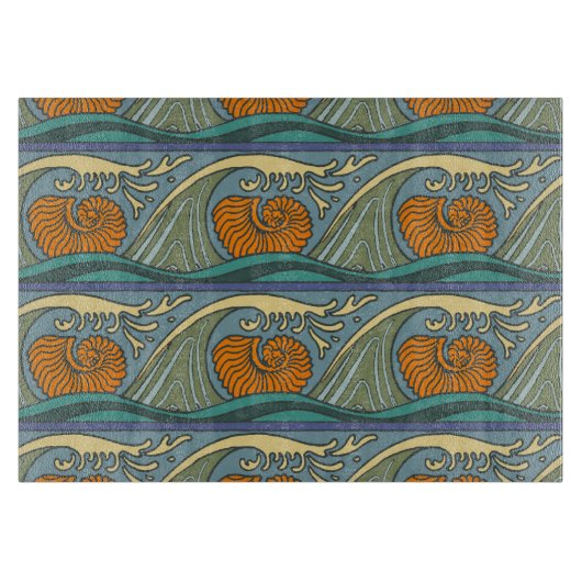 Blue Ocean Waves Nautilus Seashell Muster Nouveau Schneidebrett (Vorderseite)