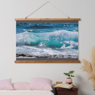 Blue Ocean Waves & Rocks Hängeband, Vs 2 Wandteppich Mit Holzrahmen